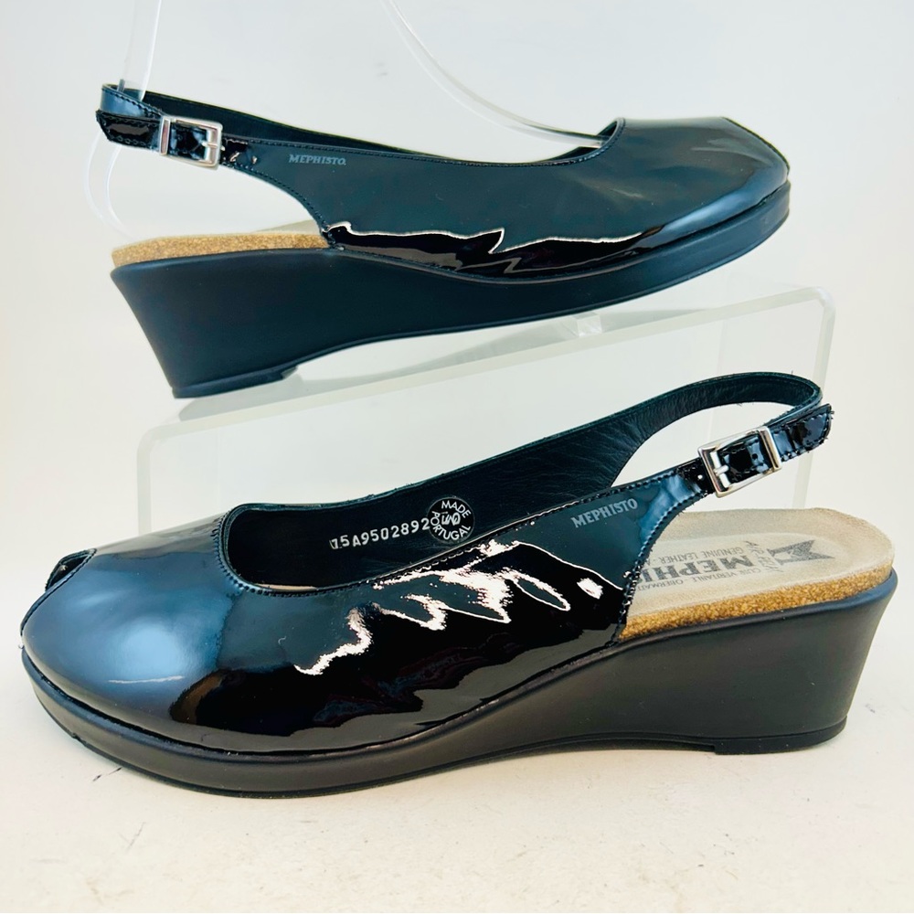 Mephisto Black Patent Leather Nastasia Peep Slingback Wedge Sandals sz 40 9-10 - Picture 5 of 11